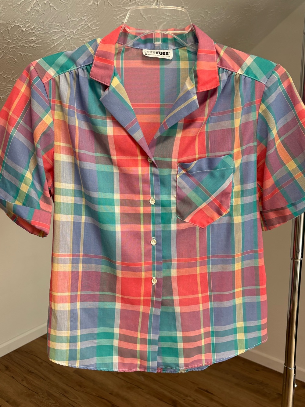 Vintage Russ cabin core plaid madras camp collar button down med/large